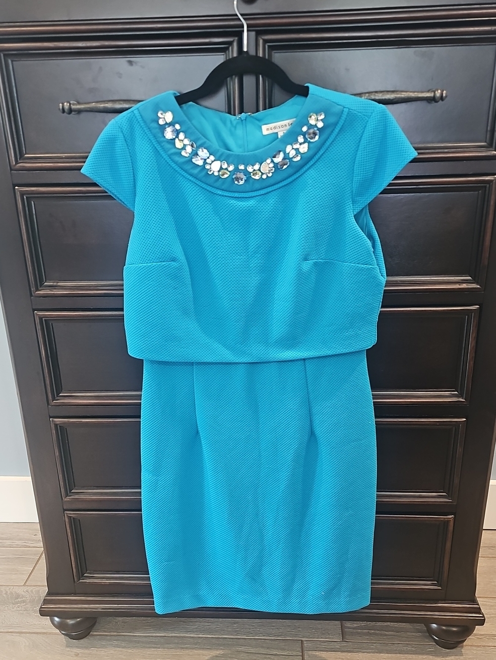 Madison Turquoise Jeweled Neck Midi Dress